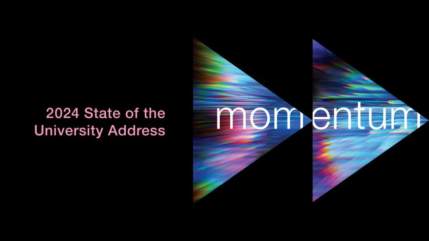 On a dark background two rightward facing triangles full of prismatic color show the word momentum.